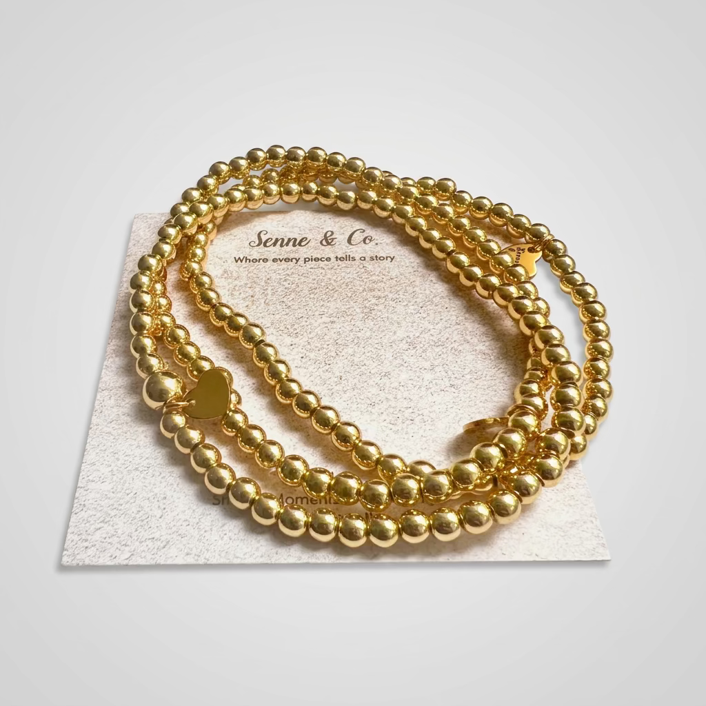 Stainless Steel 14 K Gold Plated stretch Bead Bracelet (Stack of Three)
